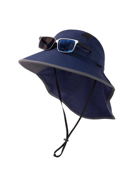 Mens Sun Hat, Wide Brim UPF 50+ UV Protection Waterproof Hat with Neck Flap, Navy Blue, l xl
