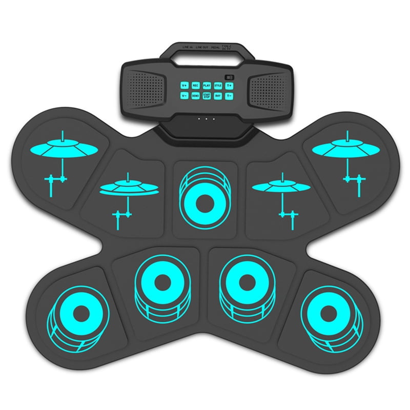 TOP! Electronic Drum Set Hand Roll 9 Pads Dual Speaker Rechargeable Practice Pad Kit with Drumsticks Foot Pedal
