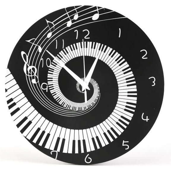 TOP! Elegant Piano Key Clock Music Notes Wave Round Modern Wall Without Battery Black + White Acrylic