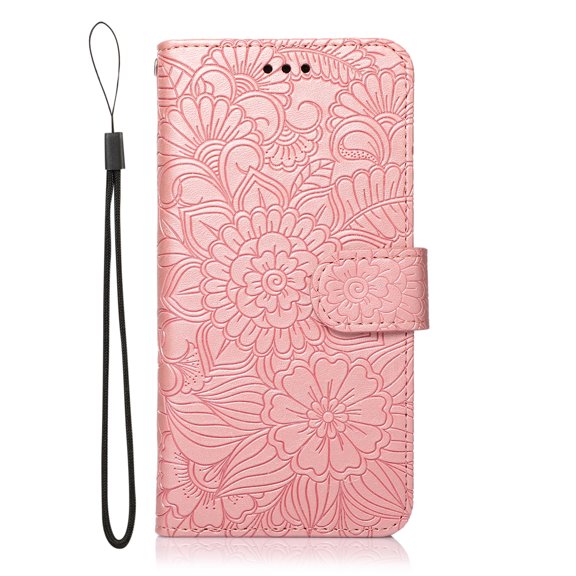 TOP SHE Embossed Three Cards PU Leather Folding Folio Case with Cards Holder Pocket Lanyard Anti-Scratch Shockproof Bumper Cover Solid Case For Samsung Galaxy Note 20,Rosegold
