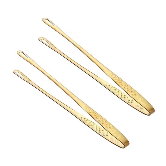 TOP-MAX 2PCS 304 Stainless Stainless Kitchen Food Tong Kitchen Cooking Spoon Strainer BBQ Clamp Utensils (Gold; Small)