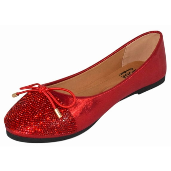 TOP MODA Dress Shoes Women Rhinestone Ballet Flats Round Toe Sparkly Lightweight Bow BONNIE-31 Red 8
