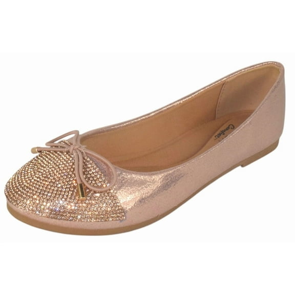 TOP MODA Dress Shoes Women Rhinestone Ballet Flats Round Toe Sparkly Lightweight Bow BONNIE-31 Rose Gold 8