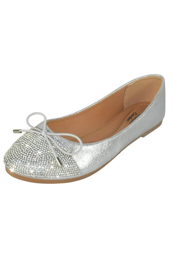 Dress Shoes Women Rhinestone Ballet Flats Round Toe Sparkly Lightweight Bow BONNIE-31 Silver 6.5