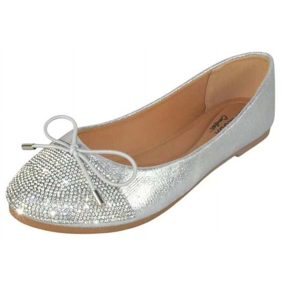 TOP MODA Dress Shoes Women Rhinestone Ballet Flats Round Toe Sparkly Lightweight Bow BONNIE-31 Silver 7