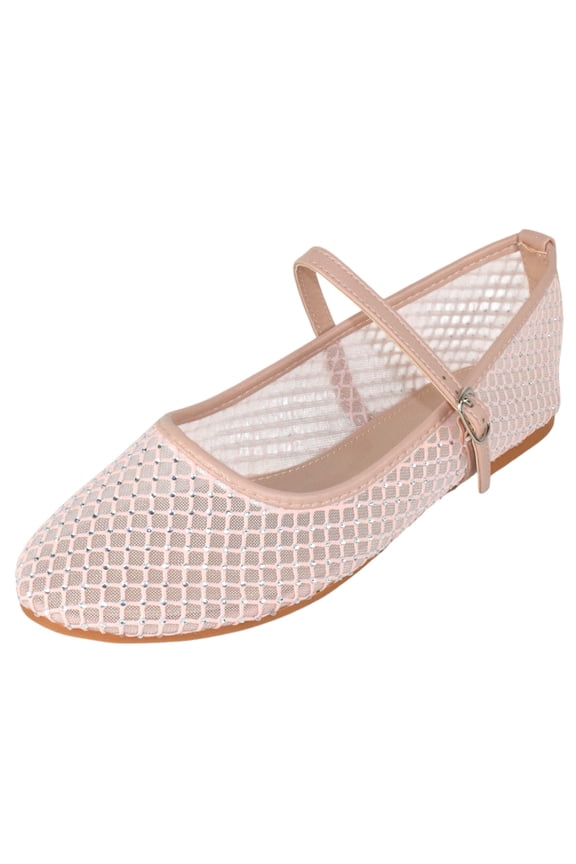 Dress Shoes Women Rhinestone Mesh Ballet Flats Round Toe Sparkly Mary Jane Strap Lightweight Breathable ROSARIO-1 Beige Nude Rose Gold 7