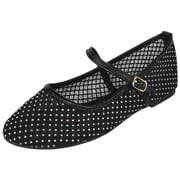 TOP MODA Dress Shoes Women Rhinestone Mesh Ballet Flats Round Toe Sparkly Mary Jane Strap Lightweight Breathable ROSARIO-1 Black 7
