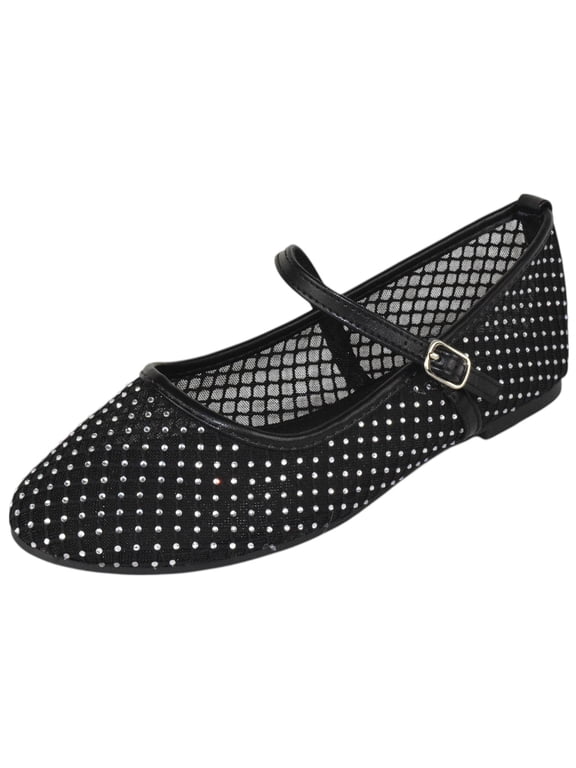 Dress Shoes Women Rhinestone Mesh Ballet Flats Round Toe Sparkly Mary Jane Strap Lightweight Breathable ROSARIO-1 Black 7