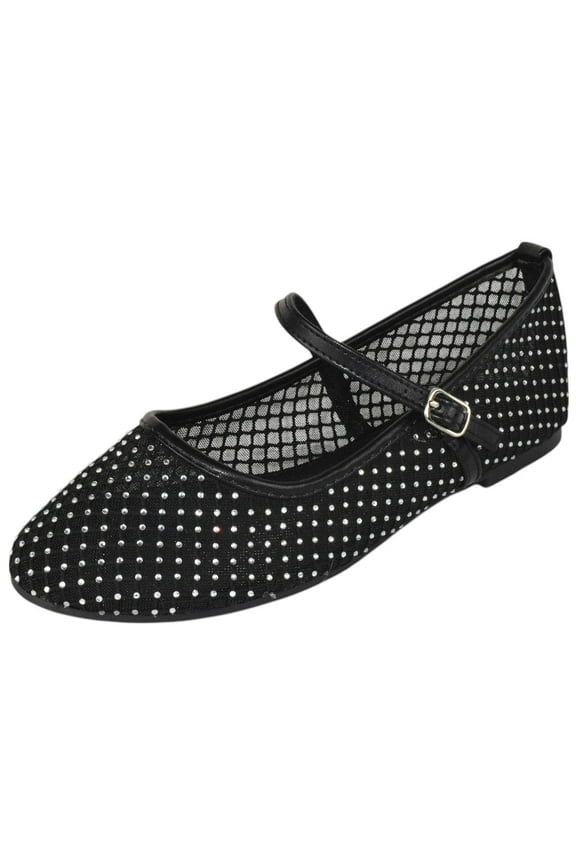 Dress Shoes Women Rhinestone Mesh Ballet Flats Round Toe Sparkly Mary Jane Strap Lightweight Breathable ROSARIO-1 Black 9