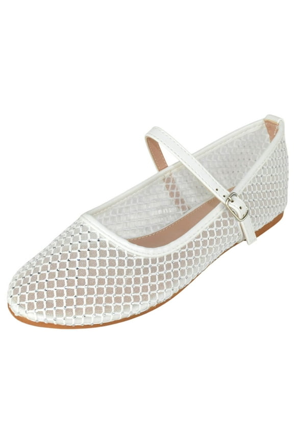 Dress Shoes Women Rhinestone Mesh Ballet Flats Round Toe Sparkly Mary Jane Strap Lightweight Breathable ROSARIO-1 White 8.5