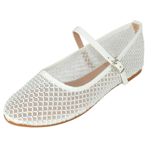 TOP MODA Dress Shoes Women Rhinestone Mesh Ballet Flats Round Toe Sparkly Mary Jane Strap Lightweight Breathable ROSARIO-1 White 8