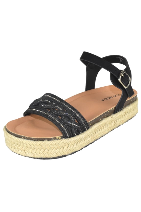 Shoes Women Platform Espadrille Sandals Ankle Strap Flat footbed Buckle up Bling Rhinestone ATHENS-1 Black 10