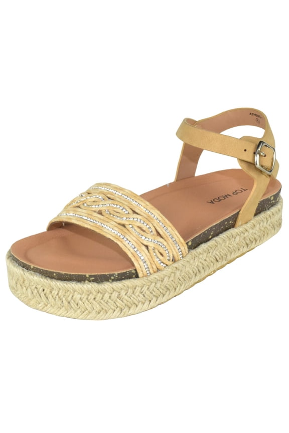 Shoes Women Platform Espadrille Sandals Ankle Strap Flat footbed Buckle up Bling Rhinestone ATHENS-1 Camel Beige 10