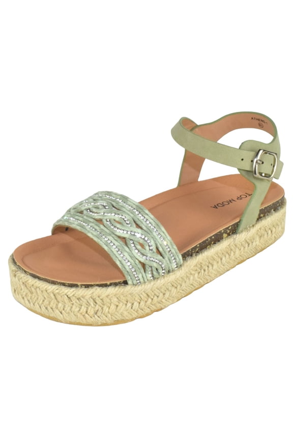 Shoes Women Platform Espadrille Sandals Ankle Strap Flat footbed Buckle up Bling Rhinestone ATHENS-1 Greem Khaki Mint 8