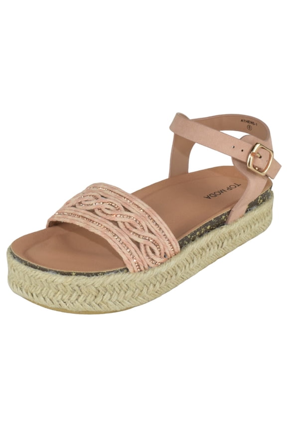 Shoes Women Platform Espadrille Sandals Ankle Strap Flat footbed Buckle up Bling Rhinestone ATHENS-1 Pink Mauve Blush 10