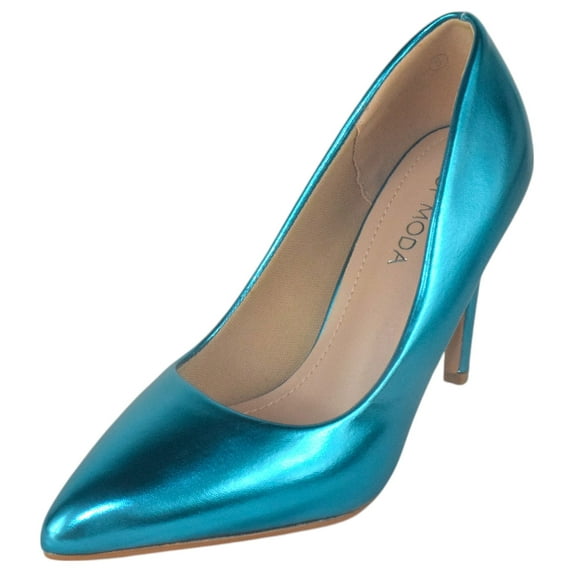 TOP MODA Shoes Women Stiletto High Heel Classic Pumps Pointed Toe MONROE-1 Turquoise Blue Metallic Patent 6.5