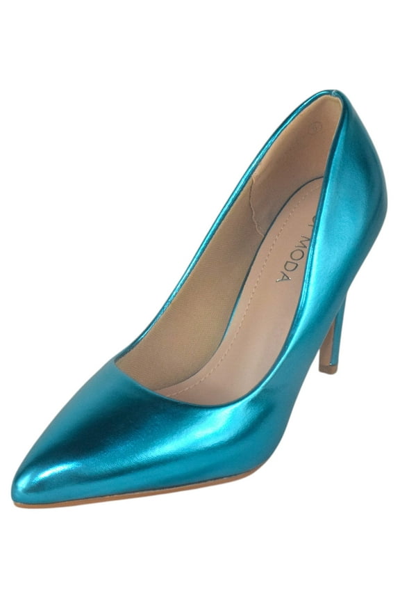 Shoes Women Stiletto High Heel Classic Pumps Pointed Toe MONROE-1 Turquoise Blue Metallic Patent 7