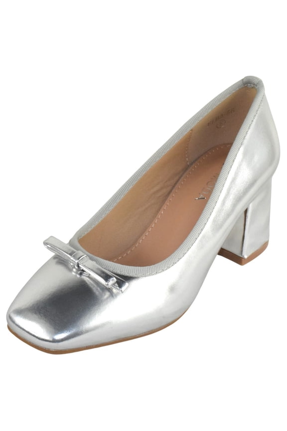 Women Block Heel Pumps Classic Square Toe Dress Shoes Bow ELBA-56 Silver Metallic 6.5
