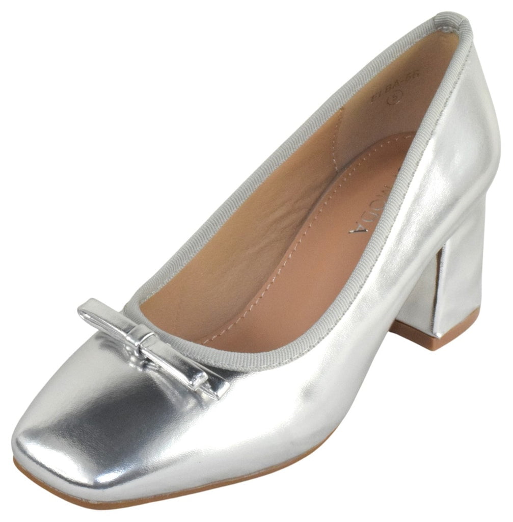 silver dress shoes block heel Top Moda Women Block Heel Pumps Classic Square Toe Dress Shoes Bow Elba-56 Silver Metallic 7, Women's