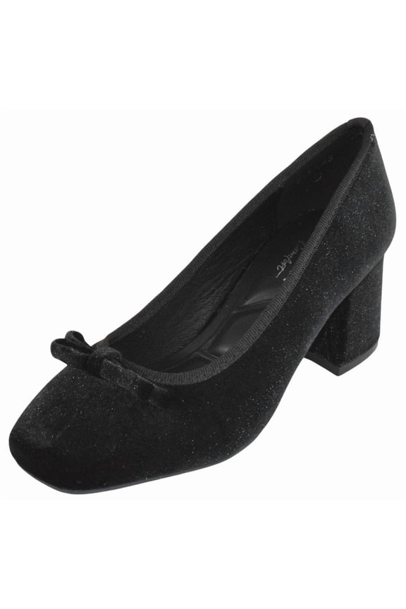 Women Block Heel Pumps Classic Square Toe Dress Shoes Bow ELBA-88 Black Velvet Suede 7.5