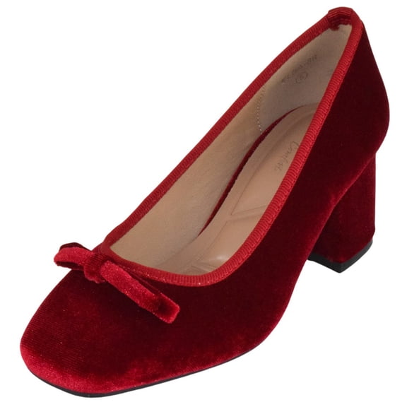 TOP MODA Women Block Heel Pumps Classic Square Toe Dress Shoes Bow ELBA-88 Red Velvet Suede 5