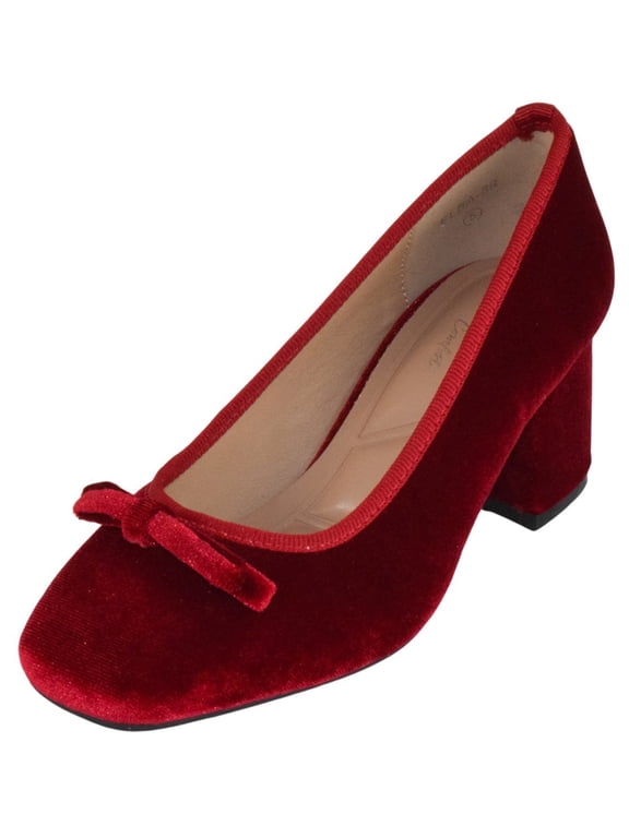Women Block Heel Pumps Classic Square Toe Dress Shoes Bow ELBA-88 Red Velvet Suede 9