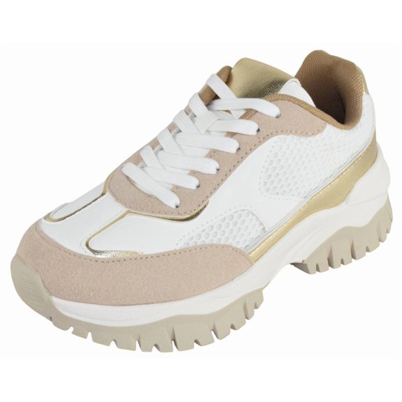 TOP MODA Women Chunky Fashion Sneakers Casual Lace-Up Mesh Walking Shoes Comfort Trainers Thick Sole BIXBY-1 Beige Gold White 8