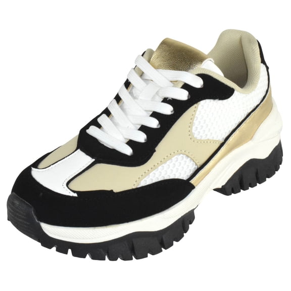 TOP MODA Women Chunky Fashion Sneakers Casual Lace-Up Mesh Walking Shoes Comfort Trainers Thick Sole BIXBY-1 Black Gold White 7