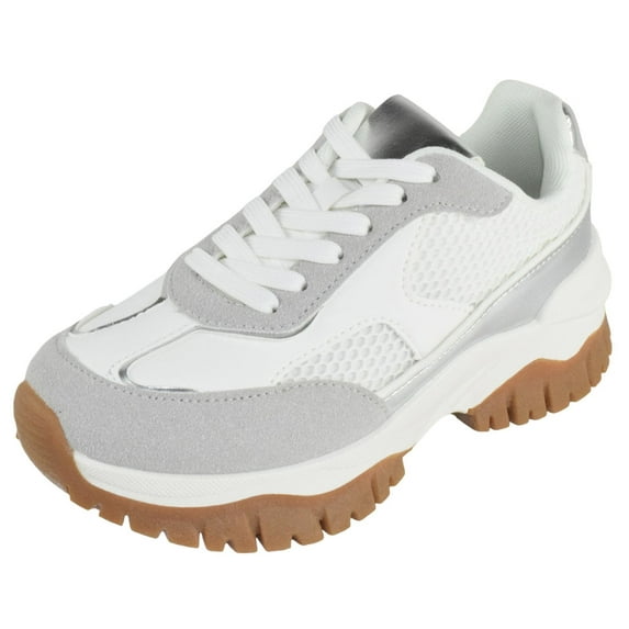 TOP MODA Women Chunky Fashion Sneakers Casual Lace-Up Mesh Walking Shoes Comfort Trainers Thick Sole BIXBY-1 Gray White 8