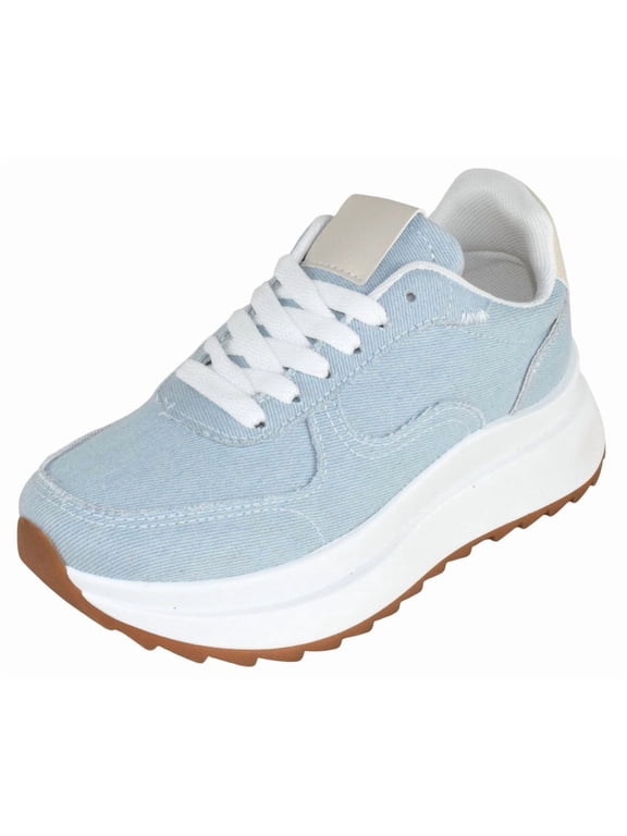 Women Chunky Fashion Sneakers Casual Lace-Up Walking Shoes Comfort Trainers Platform Thick Sole INU-1 Sky Blue Denim 5.5