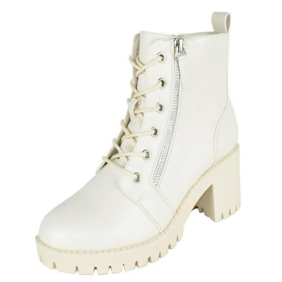 TOP MODA Women Chunky Thick High Heels Combat Lug Sole Ankle Boots Platform Lace Up Booties Side Zipper Bianca-90 Off White Beige Ivory 9