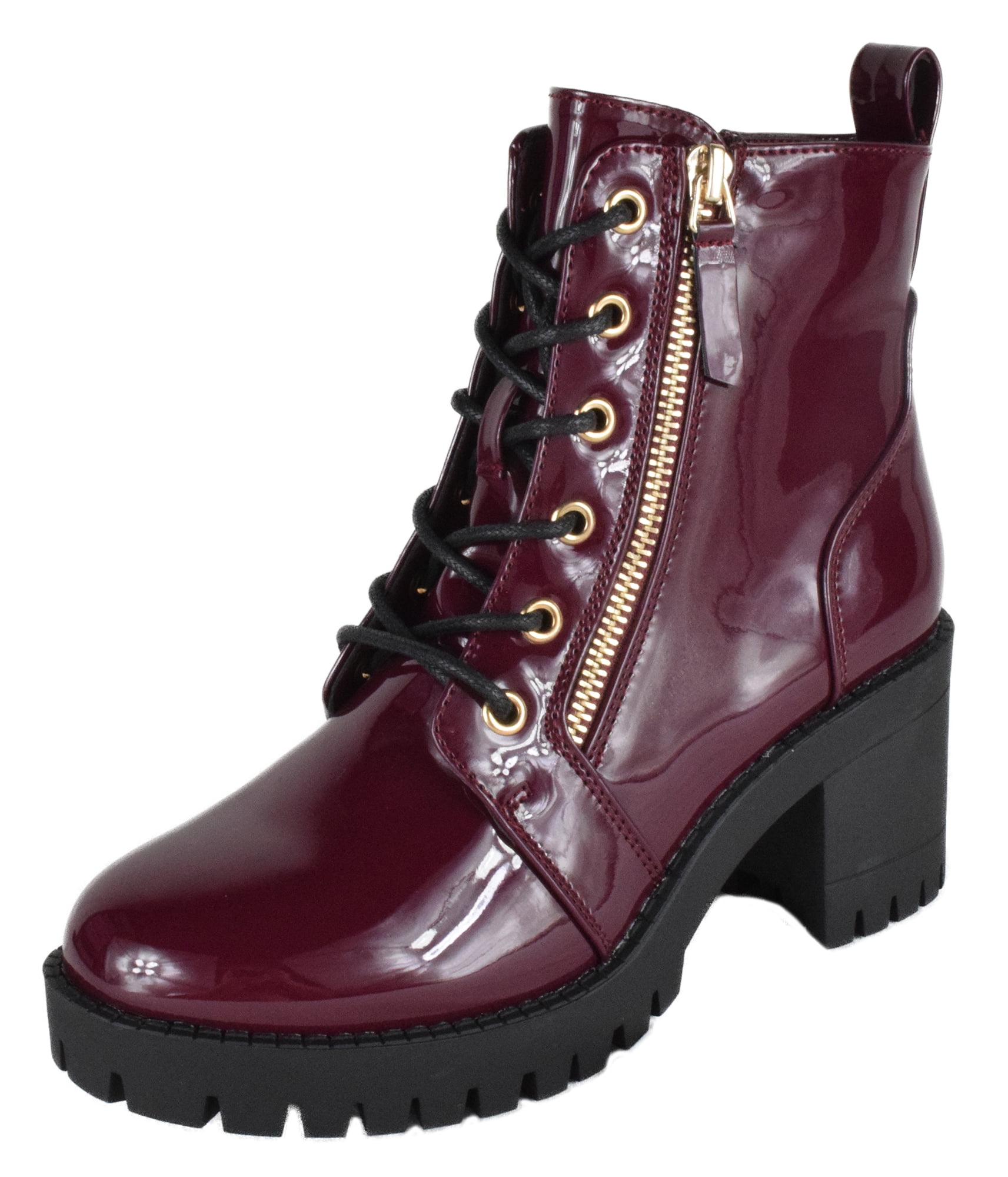 TOP MODA Women Chunky Thick High Heels Combat Lug Sole Ankle Boots Platform Lace Up Booties Side Zipper Bianca 90 Red Burgundy Wine Patent 7 Walmart