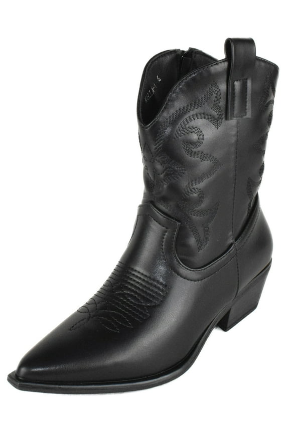 Women Cowgirl Cowboy Western Stitched Ankle Boots Pointy Toe Booties Side Zipper Black 6.5
