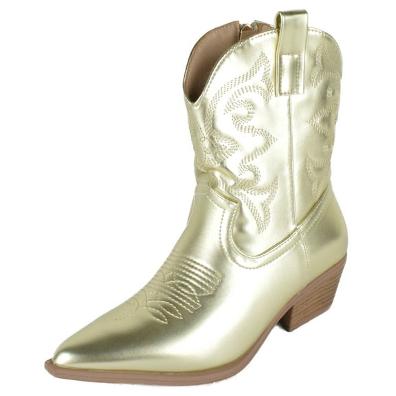 TOP MODA Women Cowgirl Cowboy Western Stitched Ankle Boots Pointy Toe Booties Side Zipper Gold 6