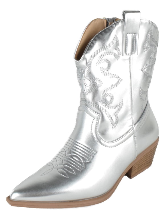 Women Cowgirl Cowboy Western Stitched Ankle Boots Pointy Toe Booties Side Zipper Silver 6