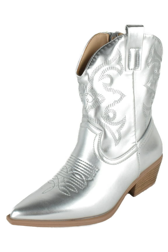 Women Cowgirl Cowboy Western Stitched Ankle Boots Pointy Toe Booties Side Zipper Silver 6