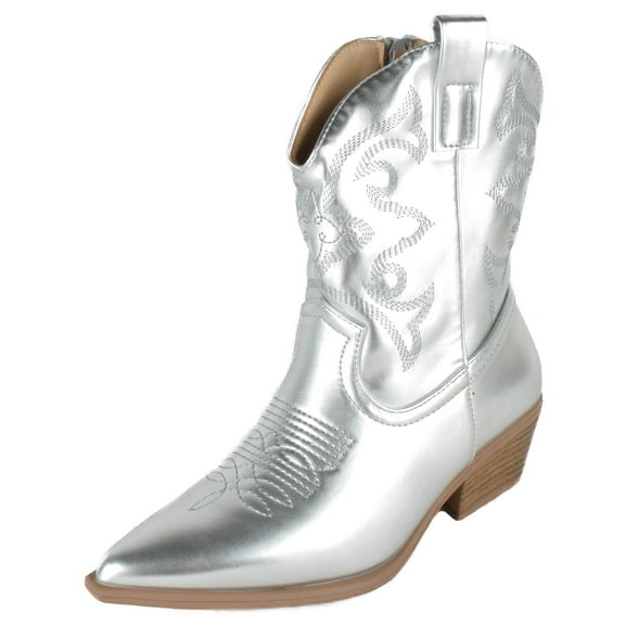 TOP MODA Women Cowgirl Cowboy Western Stitched Ankle Boots Pointy Toe Booties Side Zipper Silver 8
