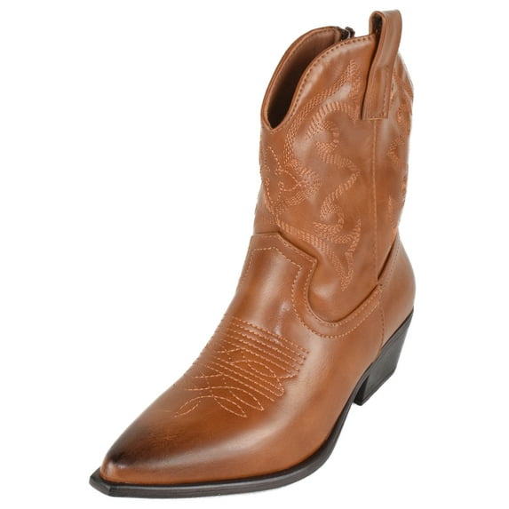 TOP MODA Women Cowgirl Cowboy Western Stitched Ankle Boots Pointy Toe Booties Side Zipper Tan Brown 11