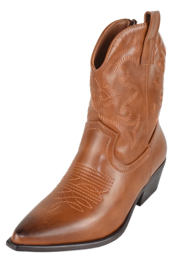 Women Cowgirl Cowboy Western Stitched Ankle Boots Pointy Toe Booties Side Zipper Tan Brown 9