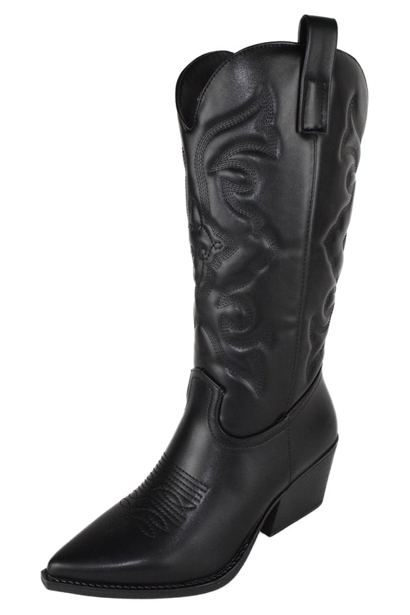 Women Cowgirl Cowboy Western Stitched Boots Pointy Toe Knee High Side Zipper Black 6.5