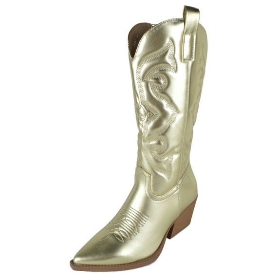 TOP MODA Women Cowgirl Cowboy Western Stitched Boots Pointy Toe Knee High Side Zipper Gold 6.5
