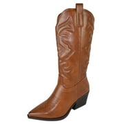 TOP MODA Women Cowgirl Cowboy Western Stitched Boots Pointy Toe Knee High Side Zipper Tan Brown 7.5