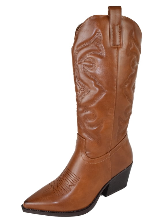 Women Cowgirl Cowboy Western Stitched Boots Pointy Toe Knee High Side Zipper Tan Brown 7.5