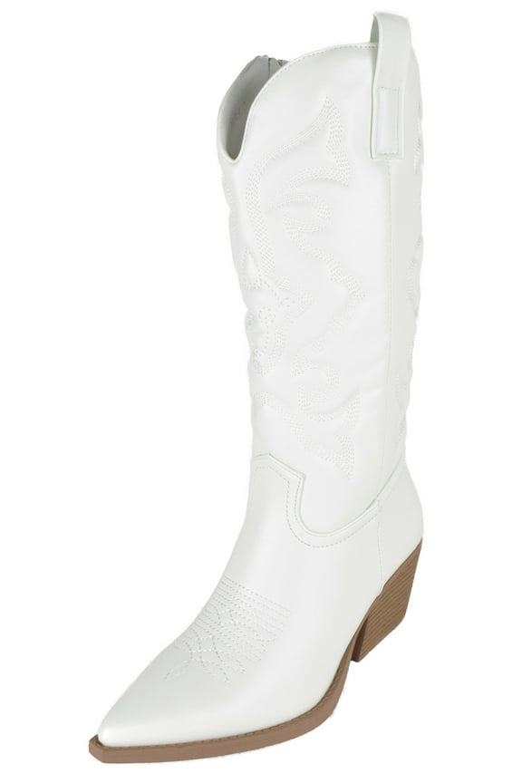 Women Cowgirl Cowboy Western Stitched Boots Pointy Toe Knee High Side Zipper White 10