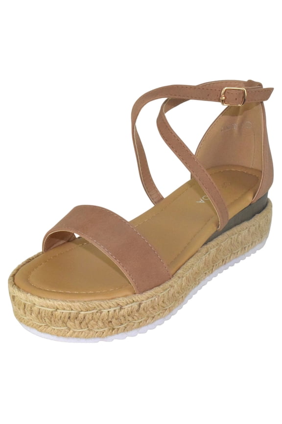 Women Espadrille Wedge Heels Sandals Open Peep Toe Platform Flatform Ankle Strap CANDIDE-9 Brown Tan Nubuck Suede 7