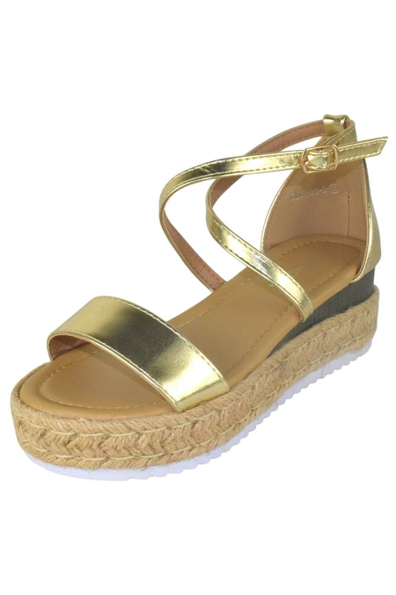 Women Espadrille Wedge Heels Sandals Open Peep Toe Platform Flatform Ankle Strap CANDIDE-9 Gold 7.5