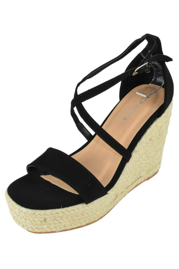 Women Espadrille Wedge High Heels Sandals Open Peep Toe Platform Ankle Strap PLATA-1 Black Nubuck 9