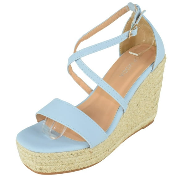 TOP MODA Women Espadrille Wedge High Heels Sandals Open Peep Toe Platform Ankle Strap PLATA-1 Light Blue Nubuck 8.5