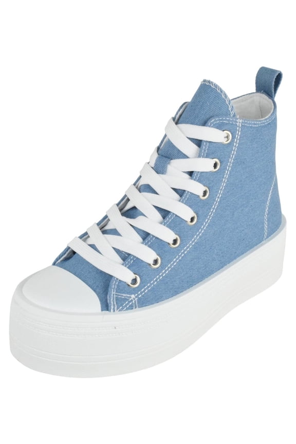 Women High Top Platform Sneakers Canvas Lace-Up Fashion Shoes Flatform Thick Sole Casual Streetwear Trainers SHERRY-1 Canvas Blue Denim 8