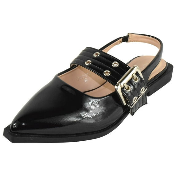 TOP MODA Women Pointed Toe Slingback Flats Elastic Ankle Strap Low Heel Dress Shoes Buckle Design ARTIST-1 Black Patent 9